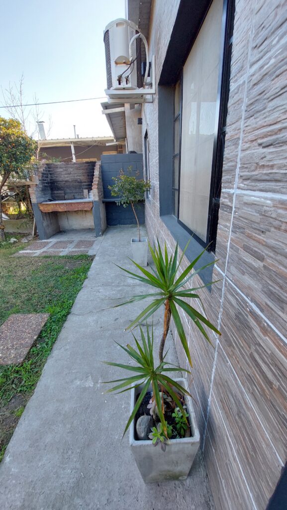 una pasarela de hormigón discurre junto a una casa con paredes marrones texturadas y una gran ventana. en primer plano se ve una yuca en maceta, y al fondo, bajo un cielo despejado, una barbacoa de ladrillo y una zona ajardinada. en cabañas del sauce, sauce montrull, entre ríos